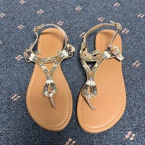 Love & Roses Womens Sz 6‎ Thong Flip Flop Sandal Metallic Snake Bead Ankle Strap